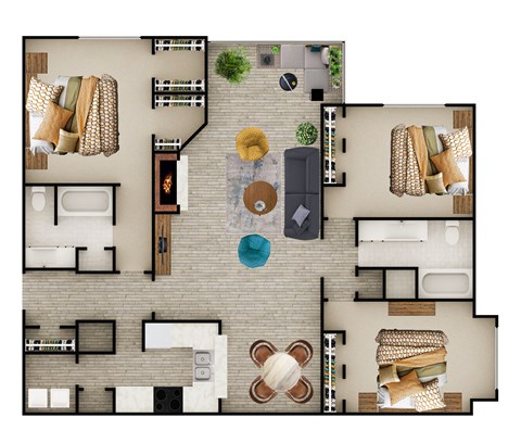 Floor plan for 3 beds, 2 baths, 1435 sqft